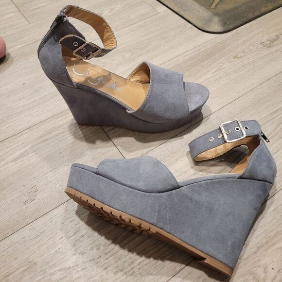 Sugar Hamptons Womens Gray Covered  Peep Toe Ankle Strap Back Zip Wedge Size 9 - Picture 13 of 16